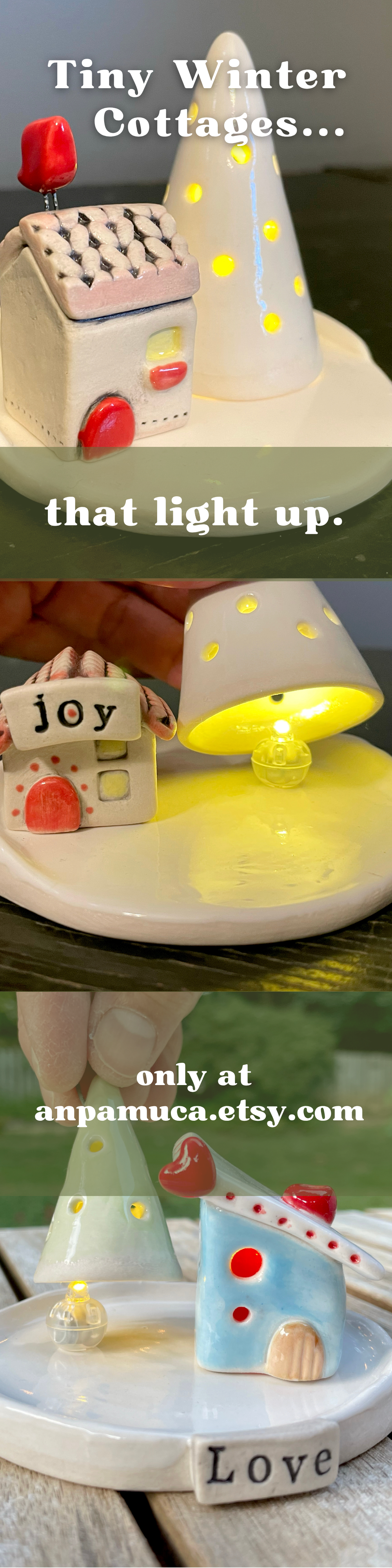 Handmade Christmas Ceramic Cottage with Tree: LED Light Holiday Village