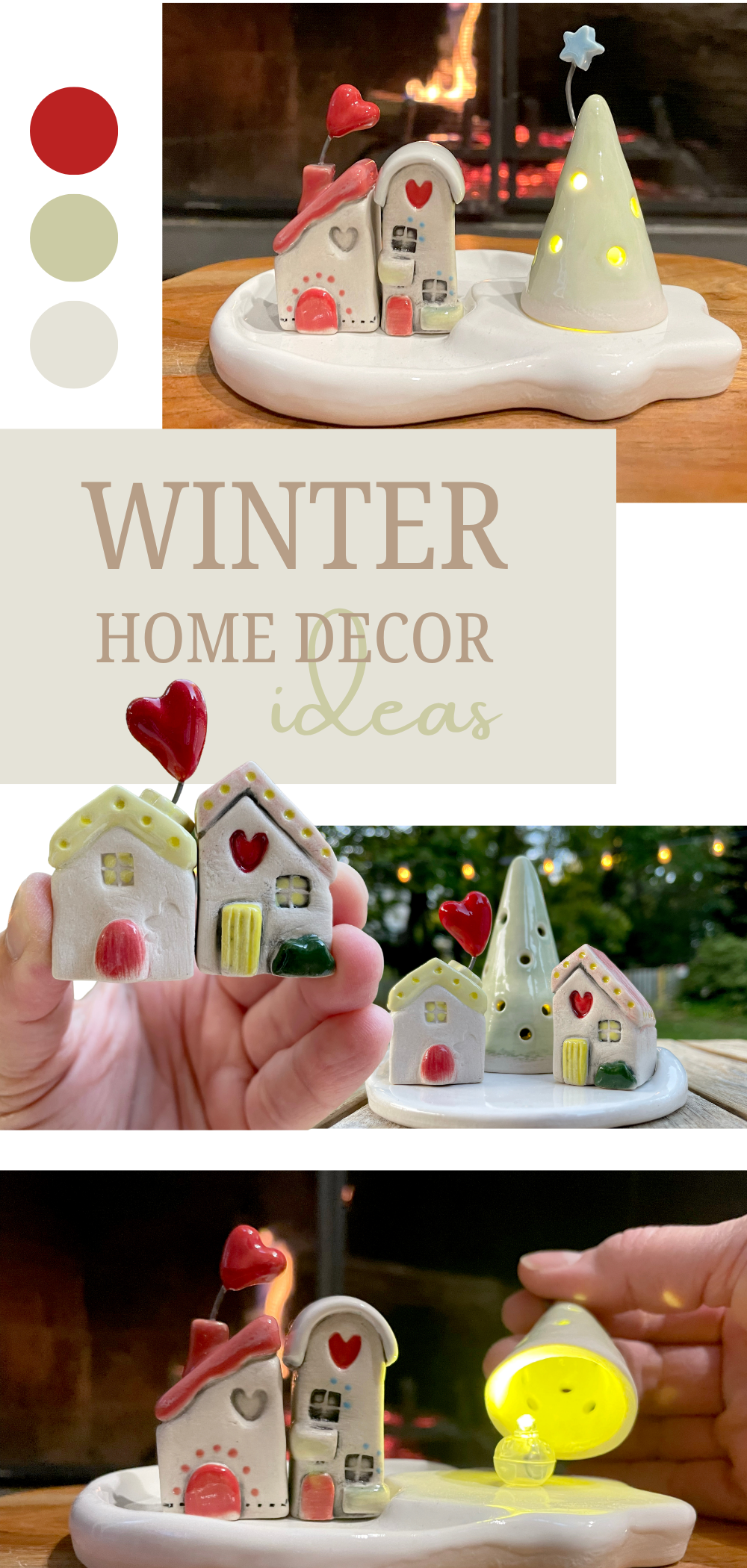 andmade pottery mini village pieces including white dish and tiny tree with cutout details