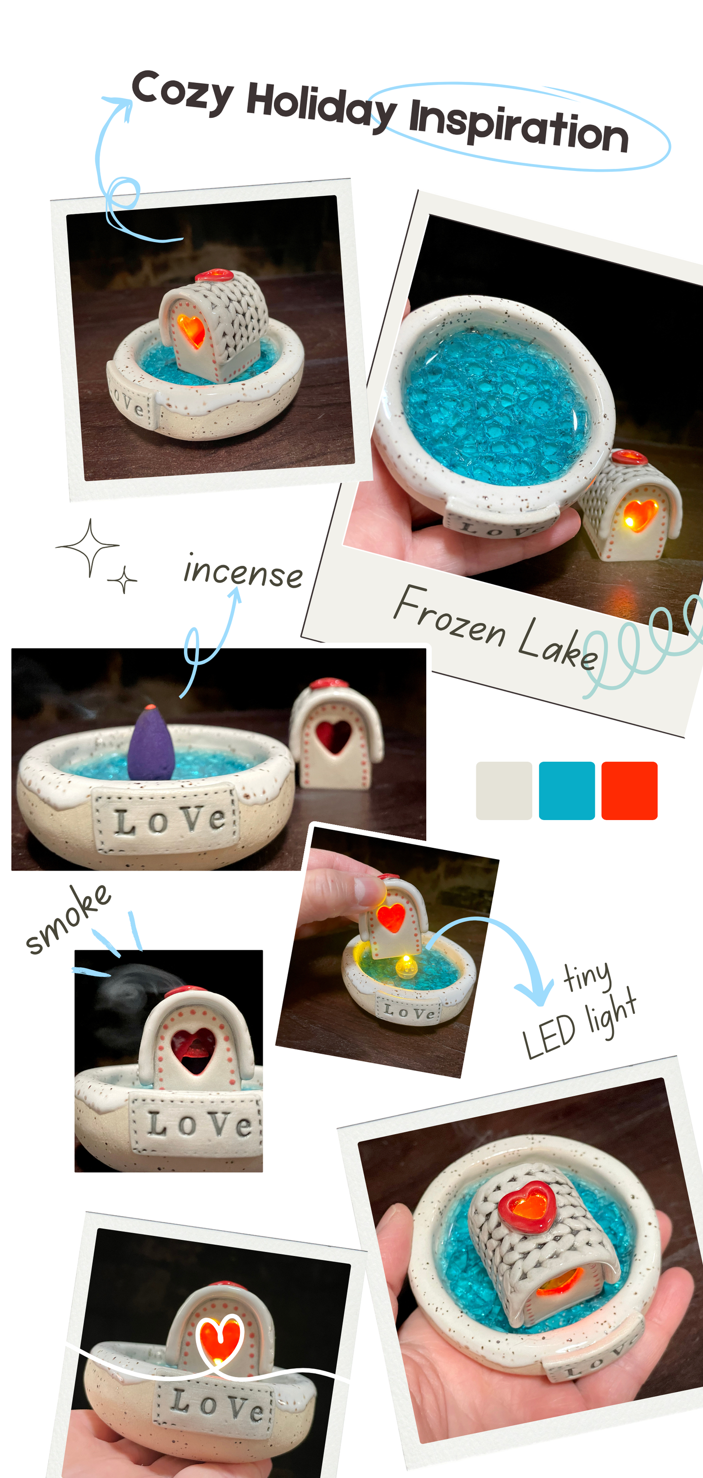 Handmade ceramic Christmas cabin set with a frozen lake incense burner and LED light. Cozy winter décor perfect for holiday displays or gifting. A truly unique handmade gift.