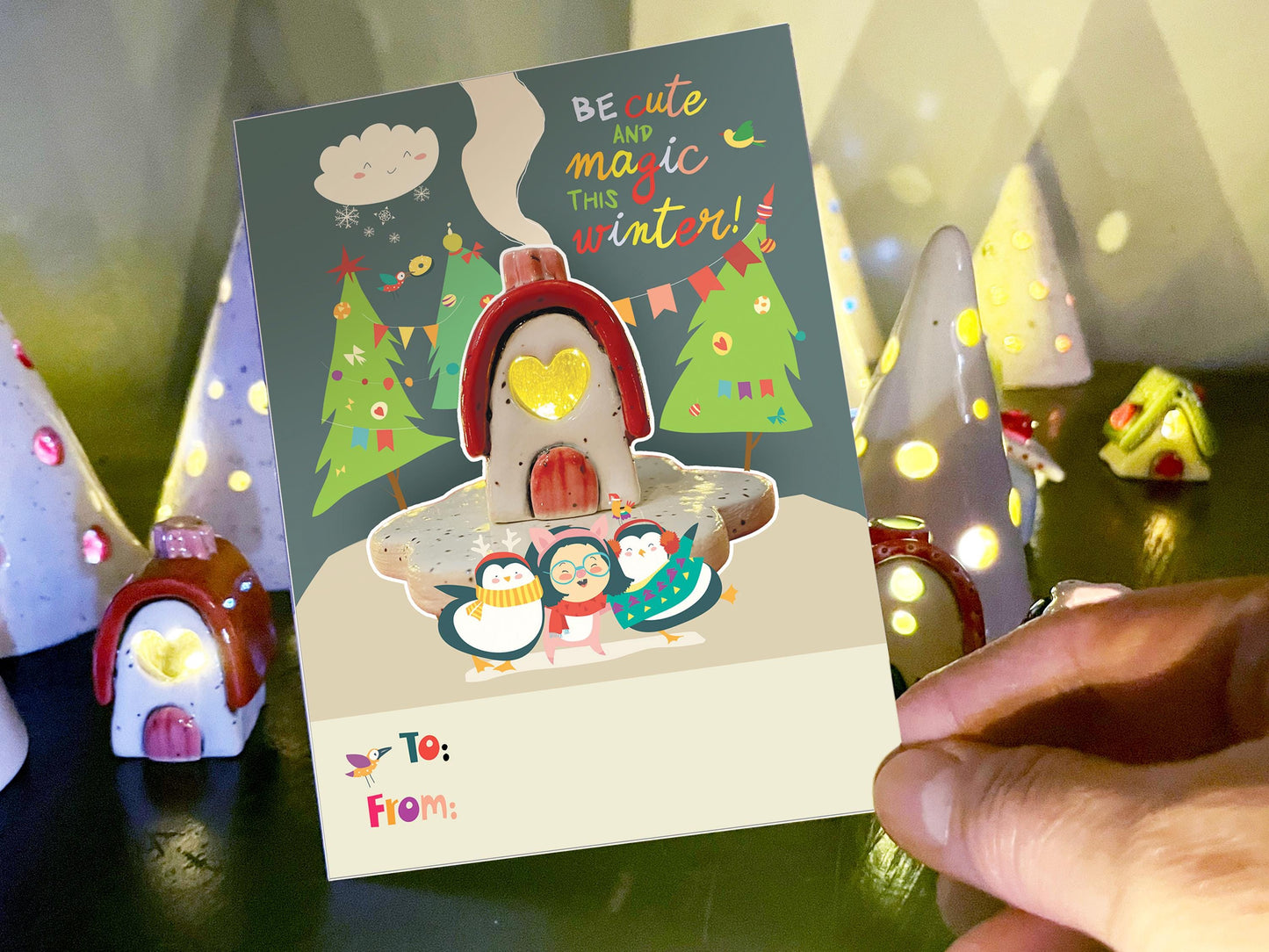 Winter Village Christmas Card Set Holiday Gift Tags To From Instant Download: Personalized Option Also Available