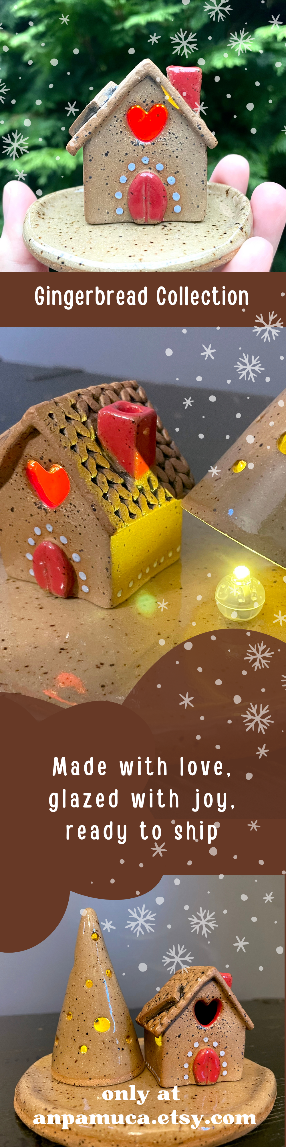 Gingerbread house with decorative elements on a snowy background, featuring text about gingerbread collection.