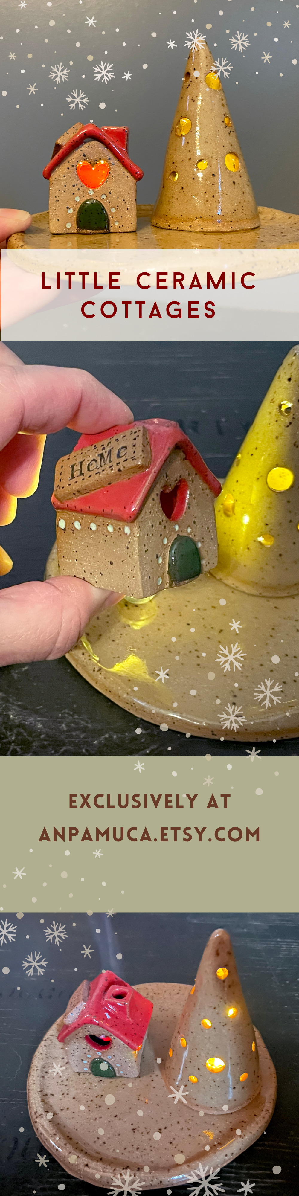 Small ceramic cottages with lights, held by a hand against a dark background.