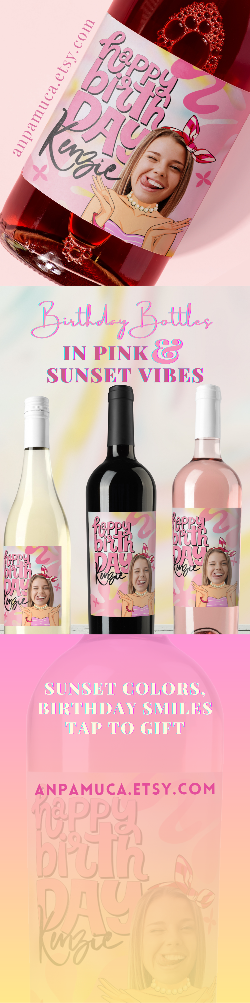 Wine bottles with personalized labels for a birthday celebration, featuring a pink and sunset-themed design.