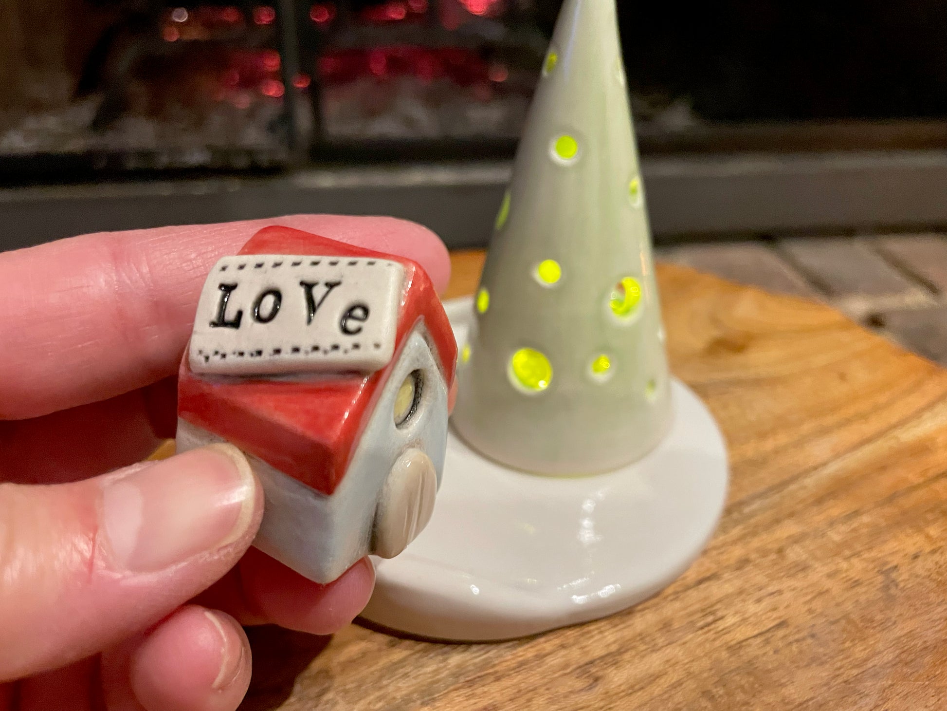 Miniature ceramic house with green roof from handmade holiday village décor set