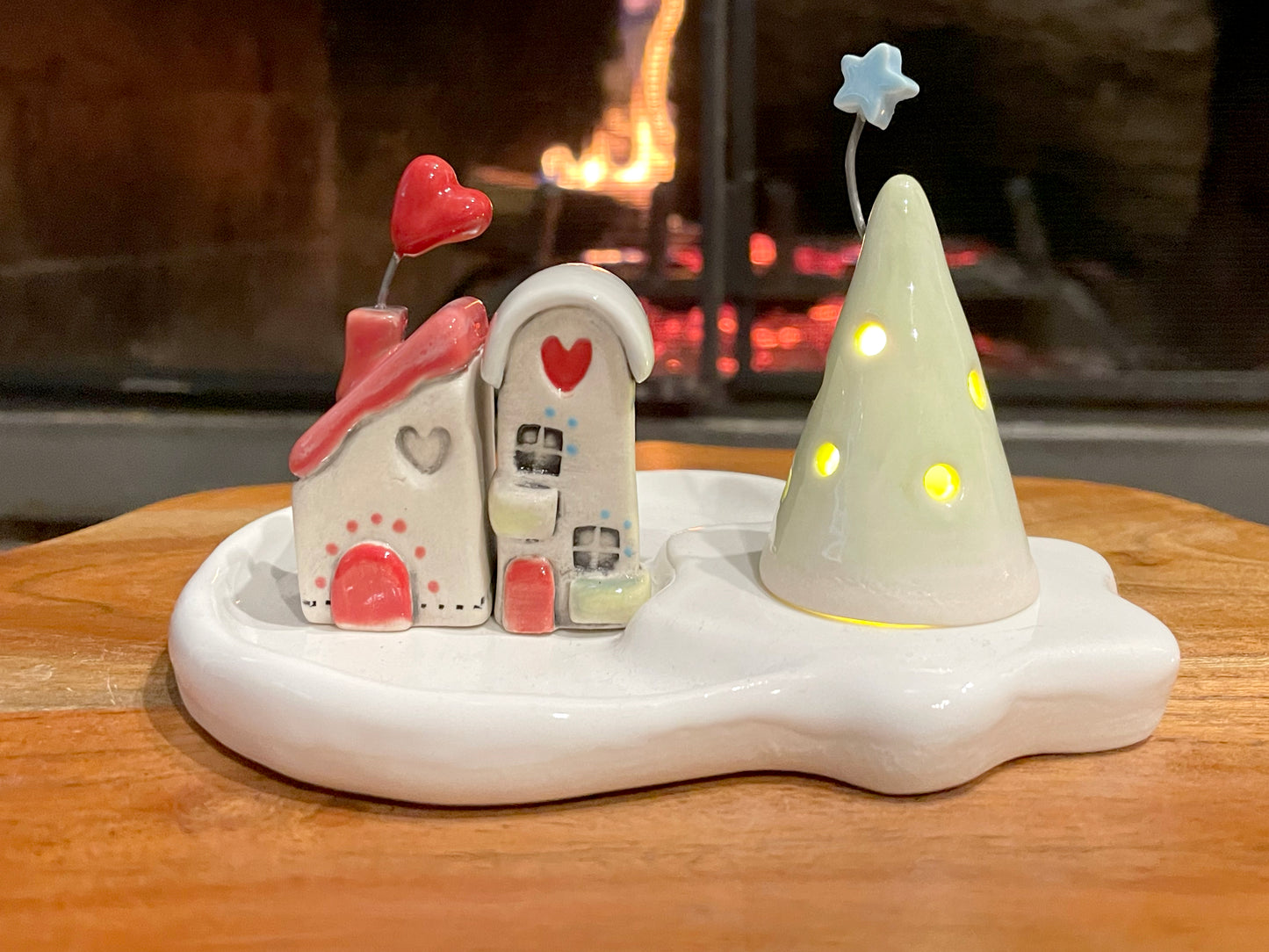 Handmade ceramic mini village set with white dish, two small houses, tree and LED light