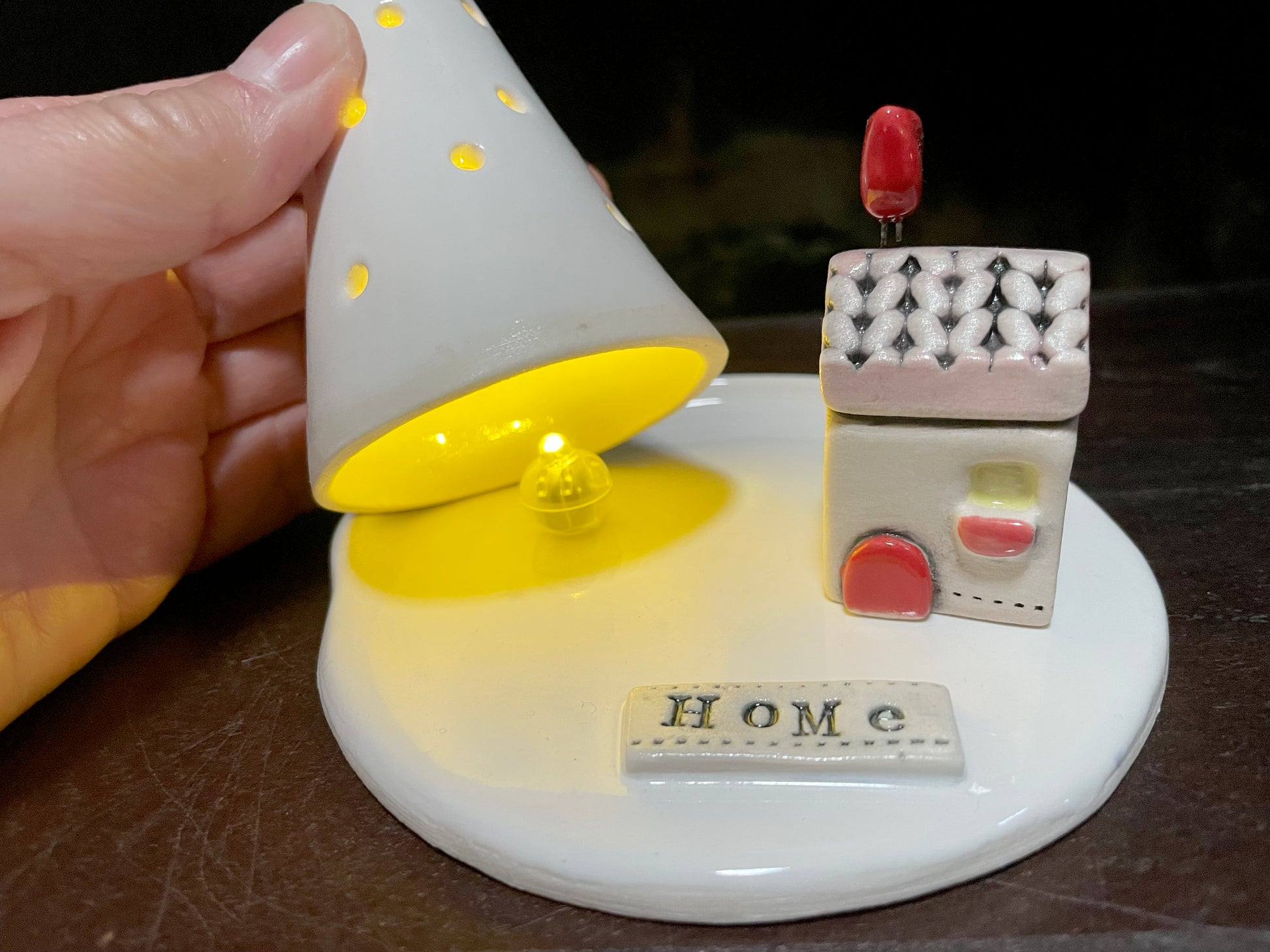 Handmade ceramic Christmas house and tree winter villa set on decorative home dish