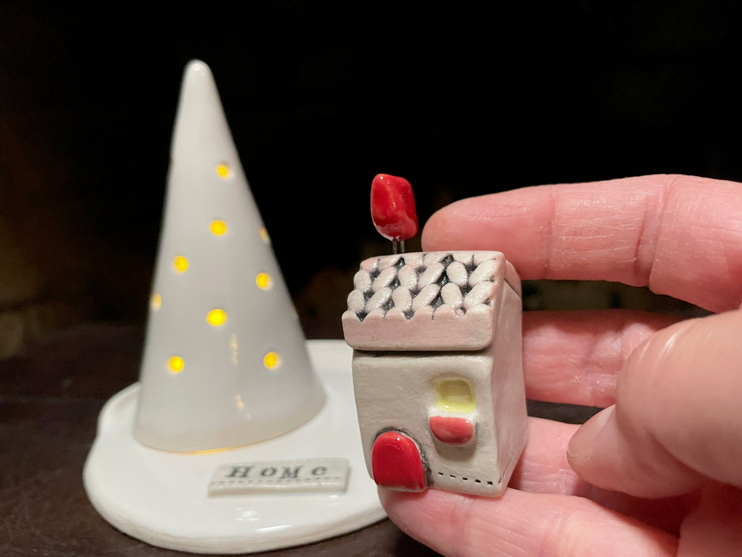 Handmade ceramic Christmas decor winter villa pottery set with hollow tree and cottage on home dish
