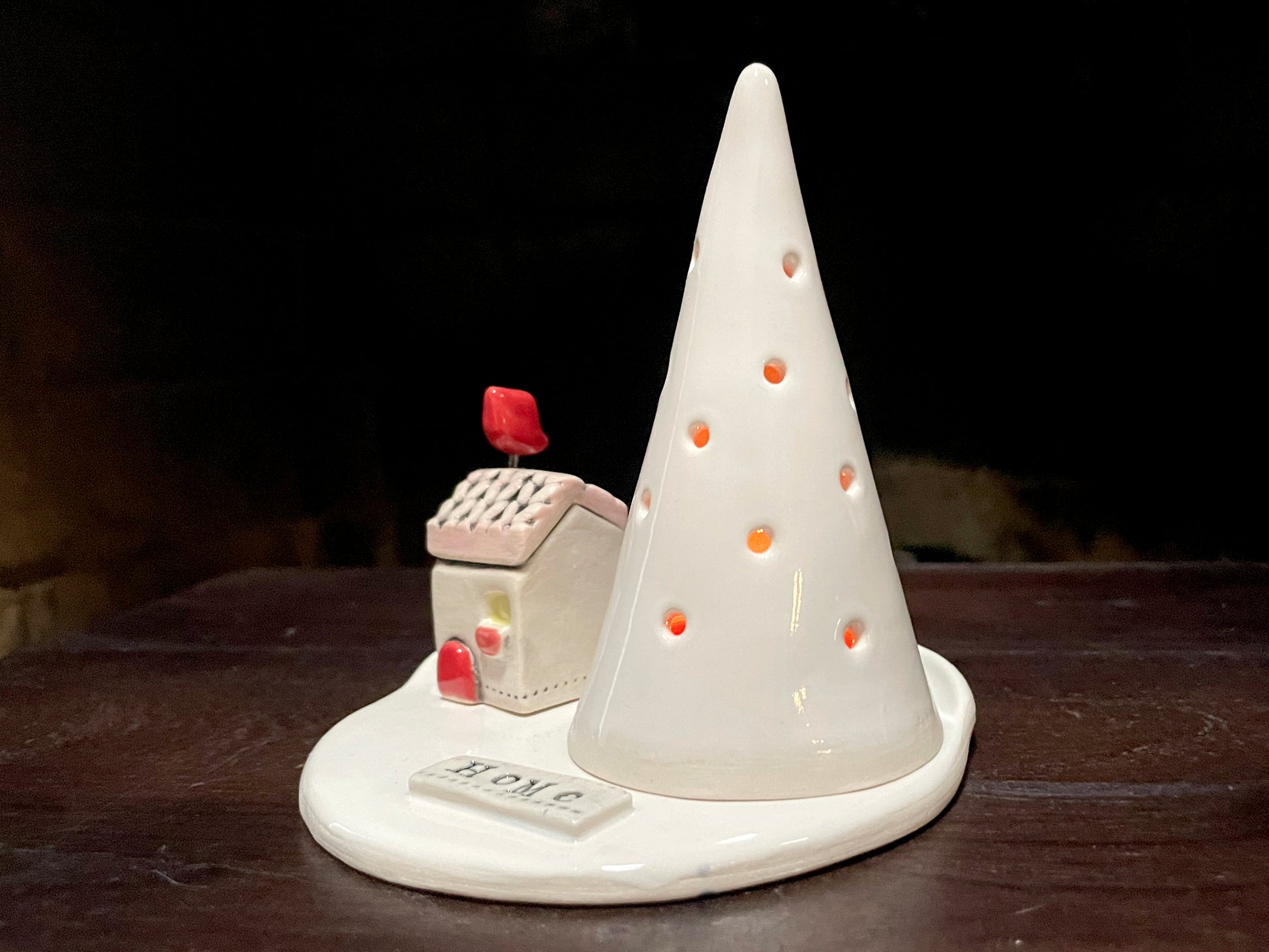 Winter villa pottery set with Christmas house and hollow ceramic tree for tea candle light