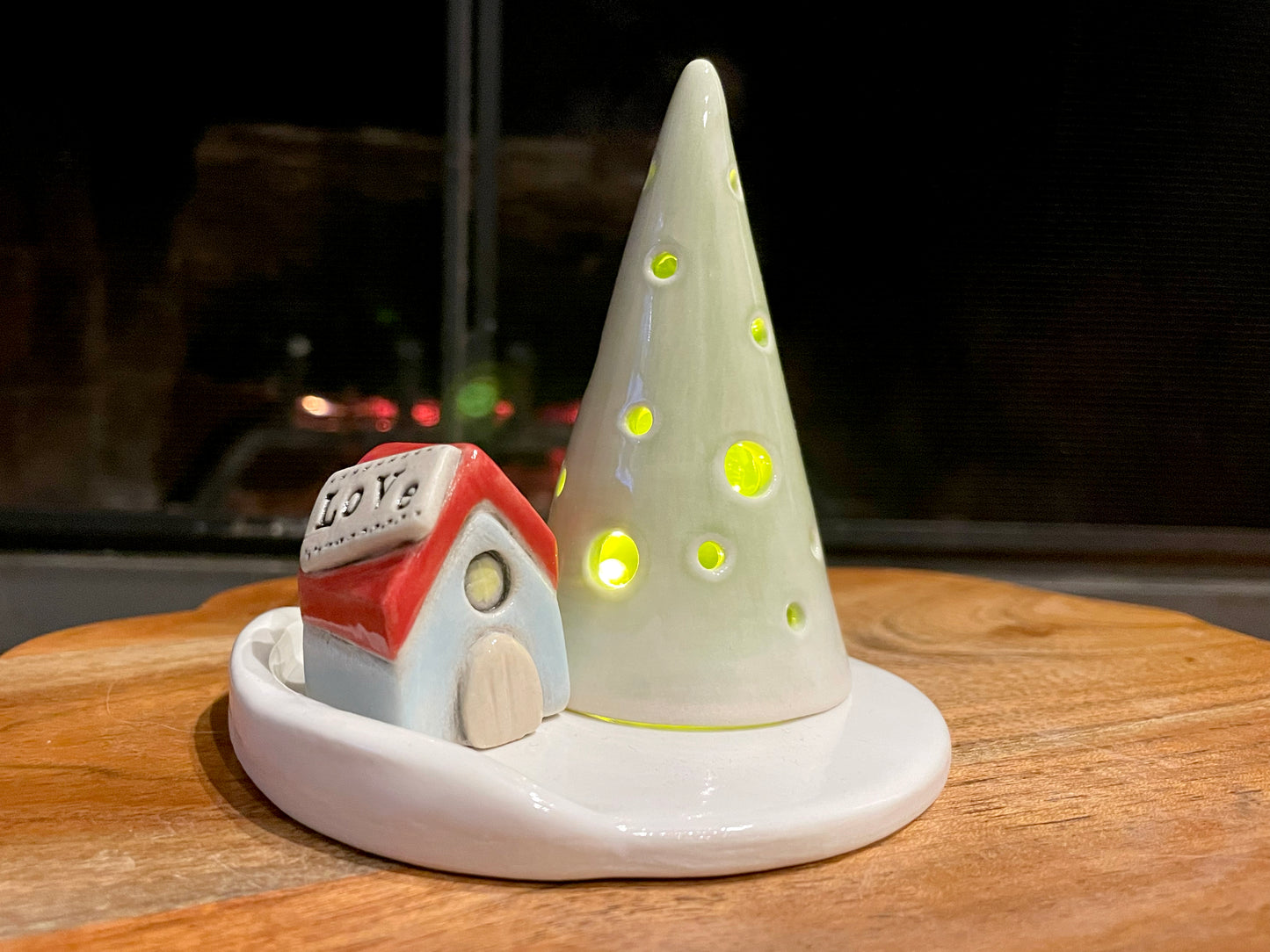 Handmade ceramic mini village with round dish, small house, green tree and LED light