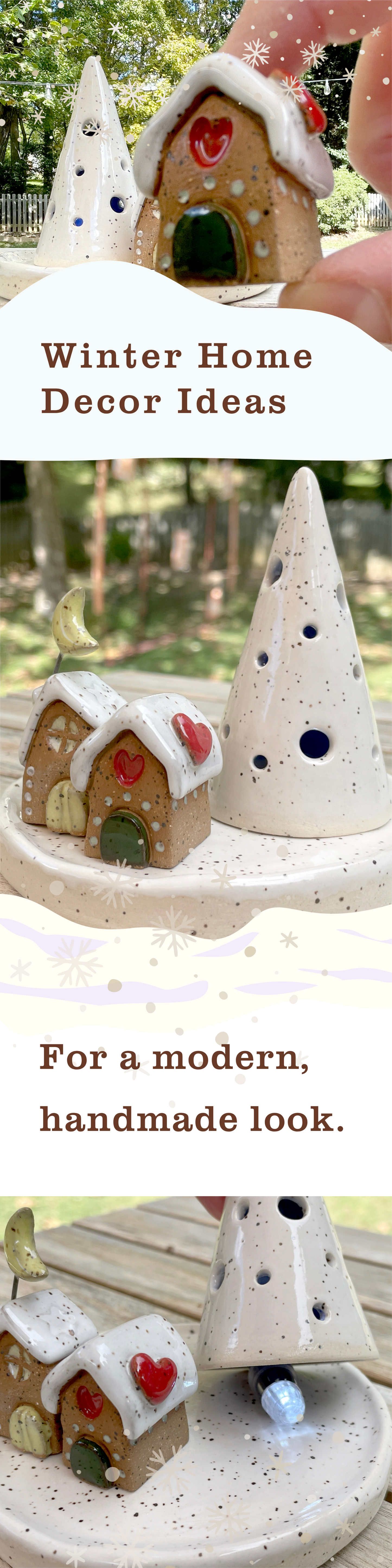 Mini Gingerbread Clay Houses Snow Roof Set with White Hollow Christmas Tree & LED Light | Handmade Ceramic Holiday Décor Gift