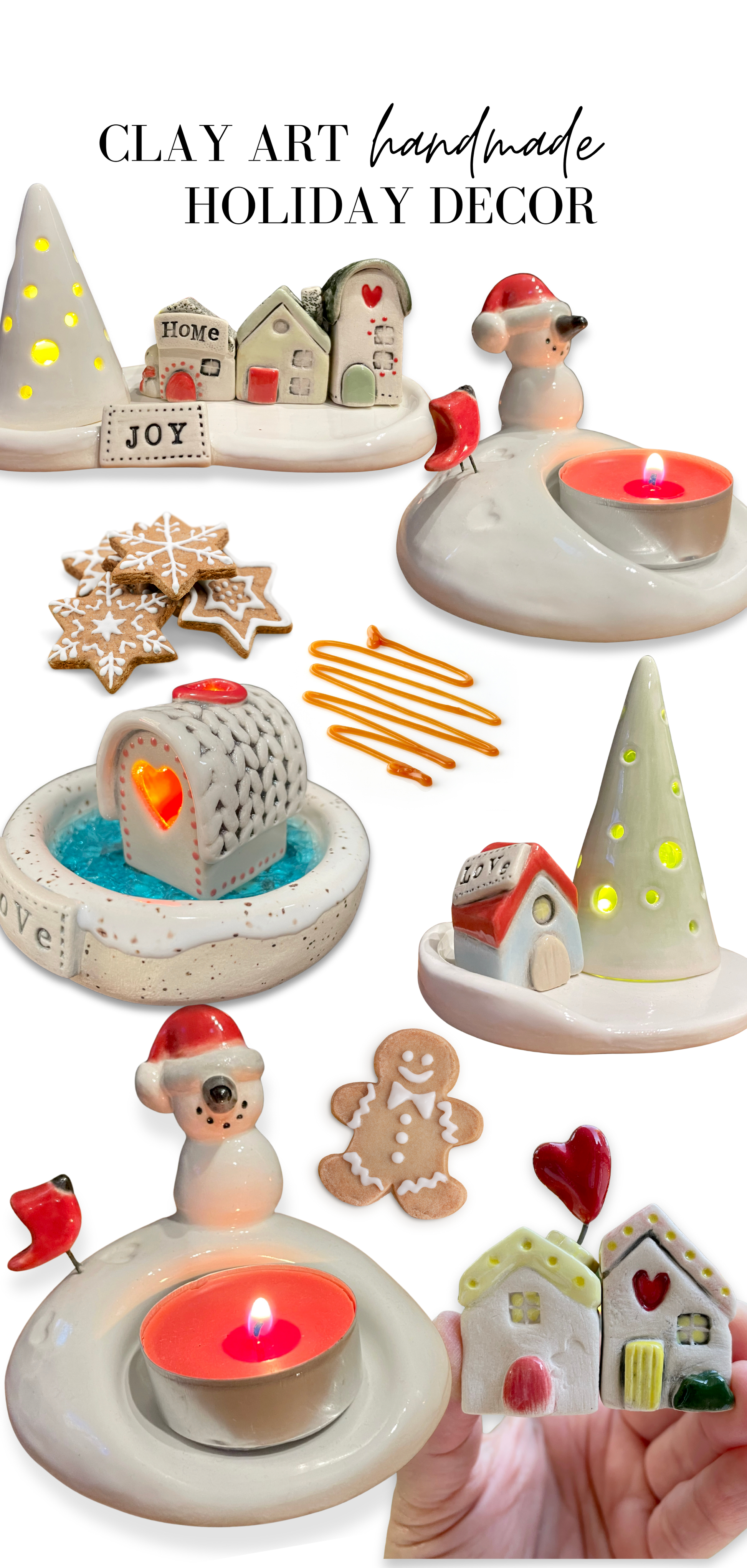 Handmade ceramic candle holder featuring a snowman and cardinal bird. Glazed in white, red & black — cozy winter decor perfect for gifting.