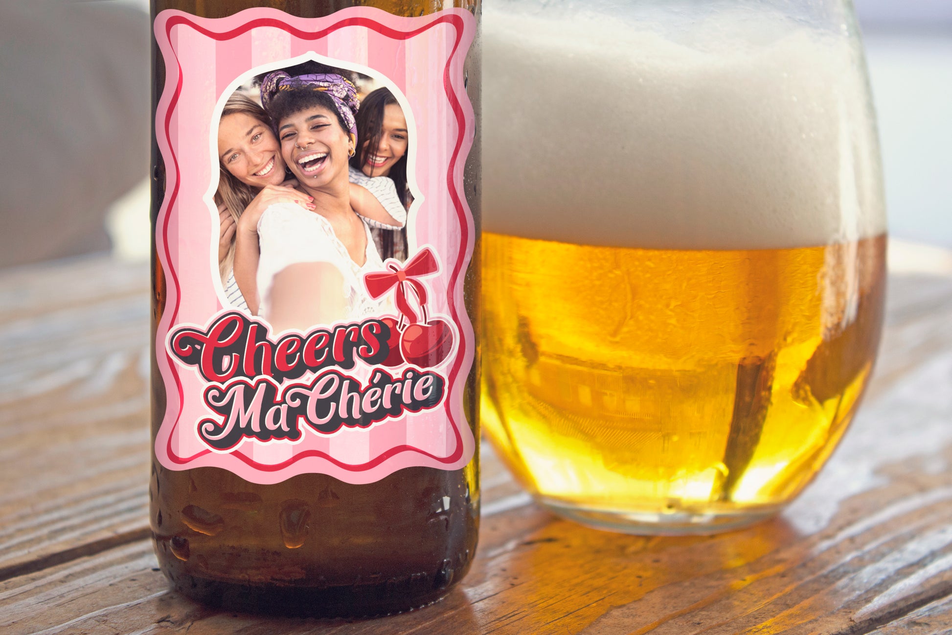Bottle of beer with a decorative Custom Ma Cherie design label for bestie or girlfriend
