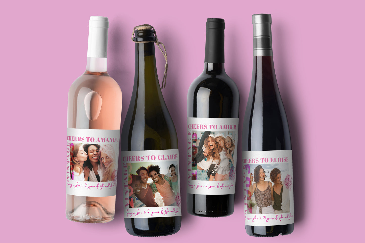 Personalized 21st birthday wine label with photo, best friend champagne bottle sticker gift idea, custom birthday label for her milestone celebration