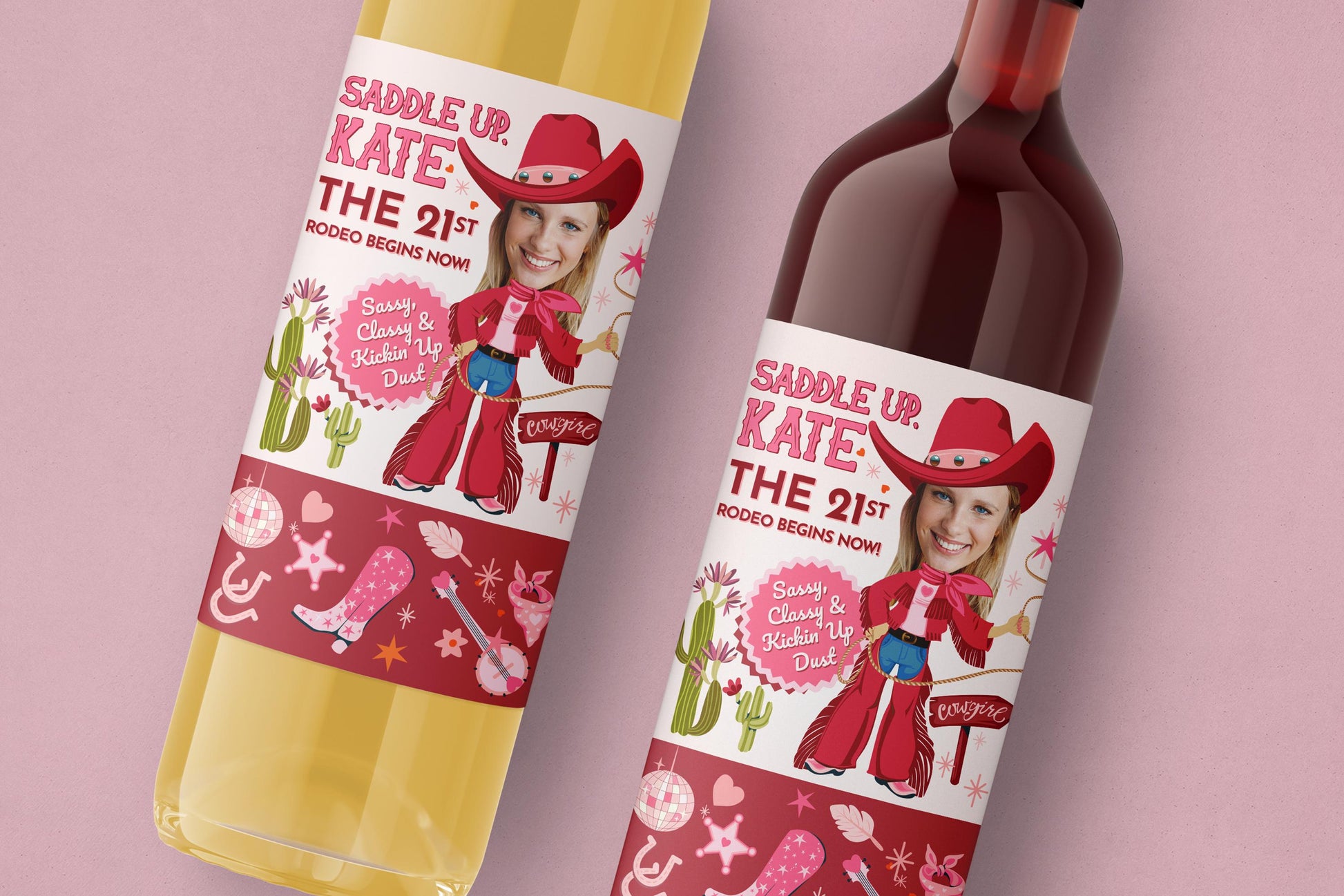 Pink cowgirl wine label personalized with photo for 21st birthday, custom champagne sticker for girls, western cowgirl birthday gift idea, printable cowgirl label for birthday wine bottle, 21st birthday cowgirl theme party decor, custom cowgirl birthday label.