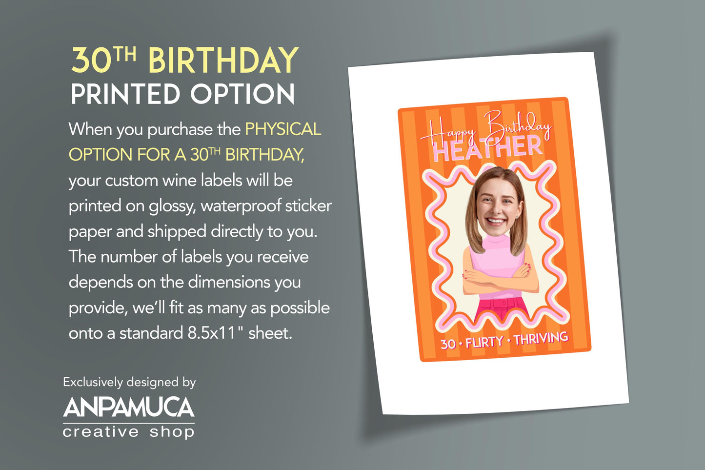 Wine label with a photo of a woman and text about a 30th birthday printed option, branded by ANPAMUCA.
Celebrate her big 3-0, 4-0, or 5-0 with a cheeky wine label featuring her photo on a cartoon body