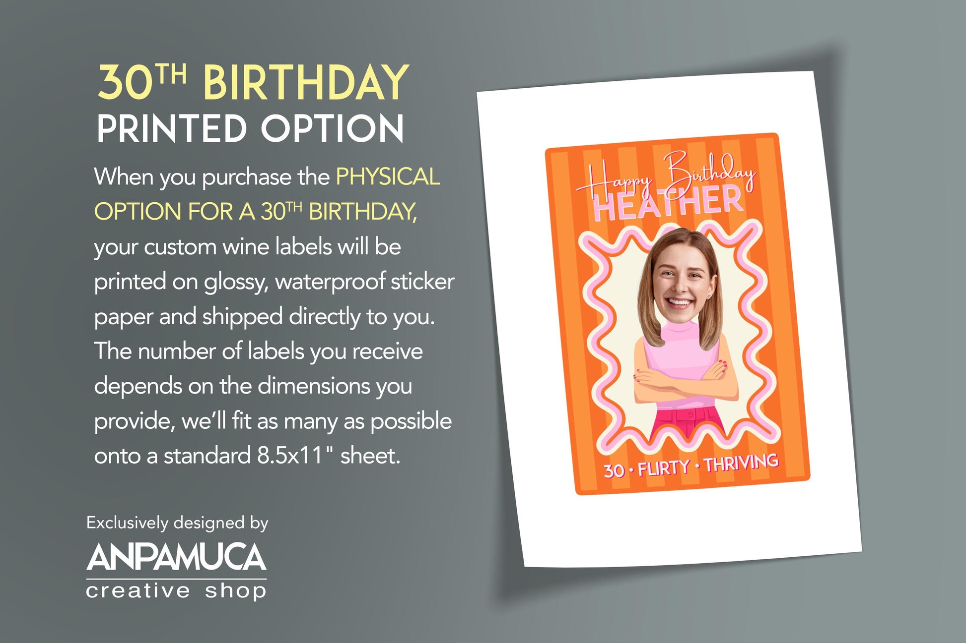 Wine label with a photo of a woman and text about a 30th birthday printed option, branded by ANPAMUCA.
Celebrate her big 3-0, 4-0, or 5-0 with a cheeky wine label featuring her photo on a cartoon body