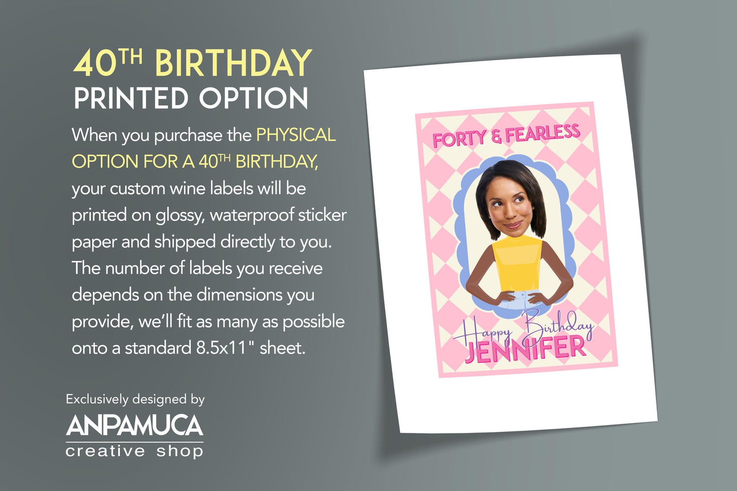 Wine label with a personalized design for a 40th birthday, featuring text and a photo of a woman. Personalized wine label birthday gift idea with cartoon body and face photo.