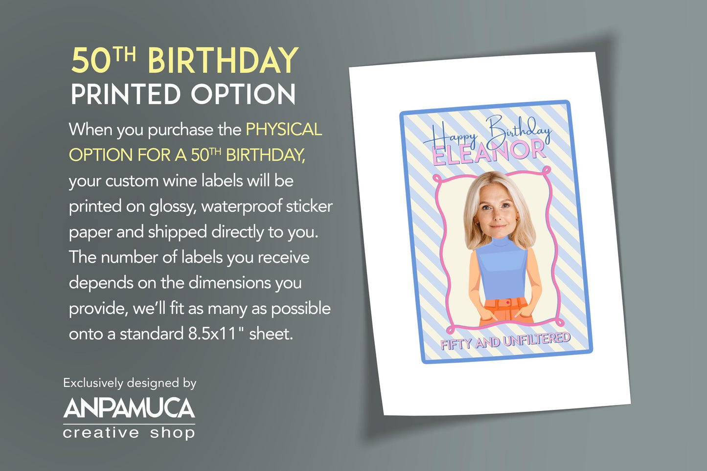 Wine label with a photo of a woman and text about 50th birthday printed option on a gray background. birthday gift under $20 that turns any bottle into a party starter.