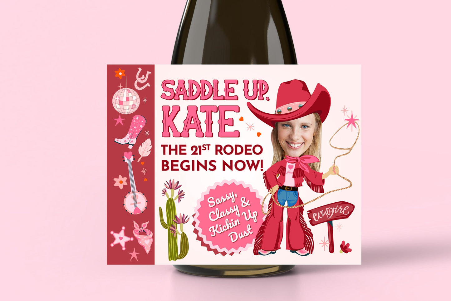 21st birthday pink cowgirl wine label with photo, cowgirl party decor for girls, western theme custom wine label, cowgirl sticker for birthday bottle, champagne label pink hat girl birthday, cowgirl milestone birthday wine gift, personalized wine sticker printable.