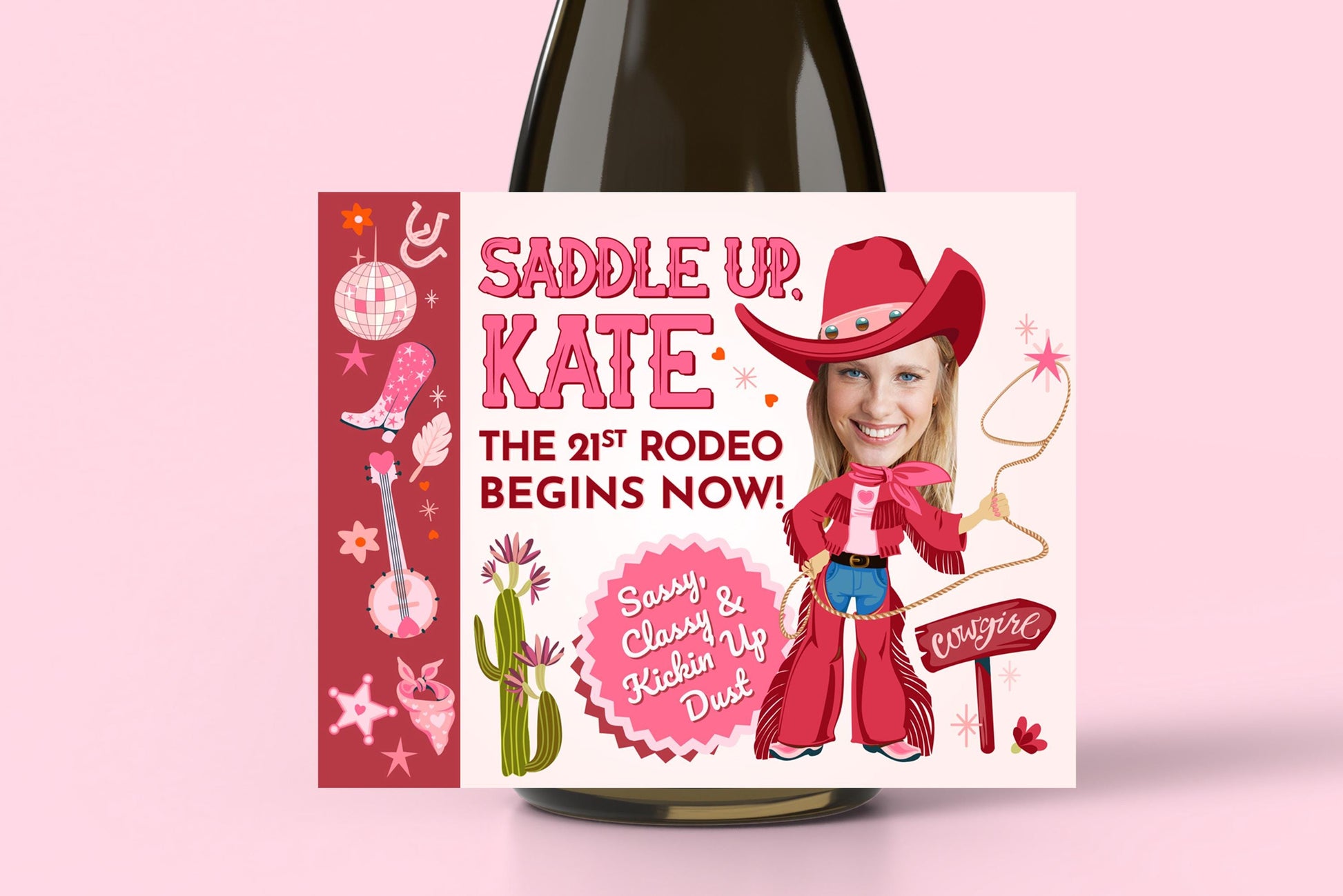 21st birthday pink cowgirl wine label with photo, cowgirl party decor for girls, western theme custom wine label, cowgirl sticker for birthday bottle, champagne label pink hat girl birthday, cowgirl milestone birthday wine gift, personalized wine sticker printable.