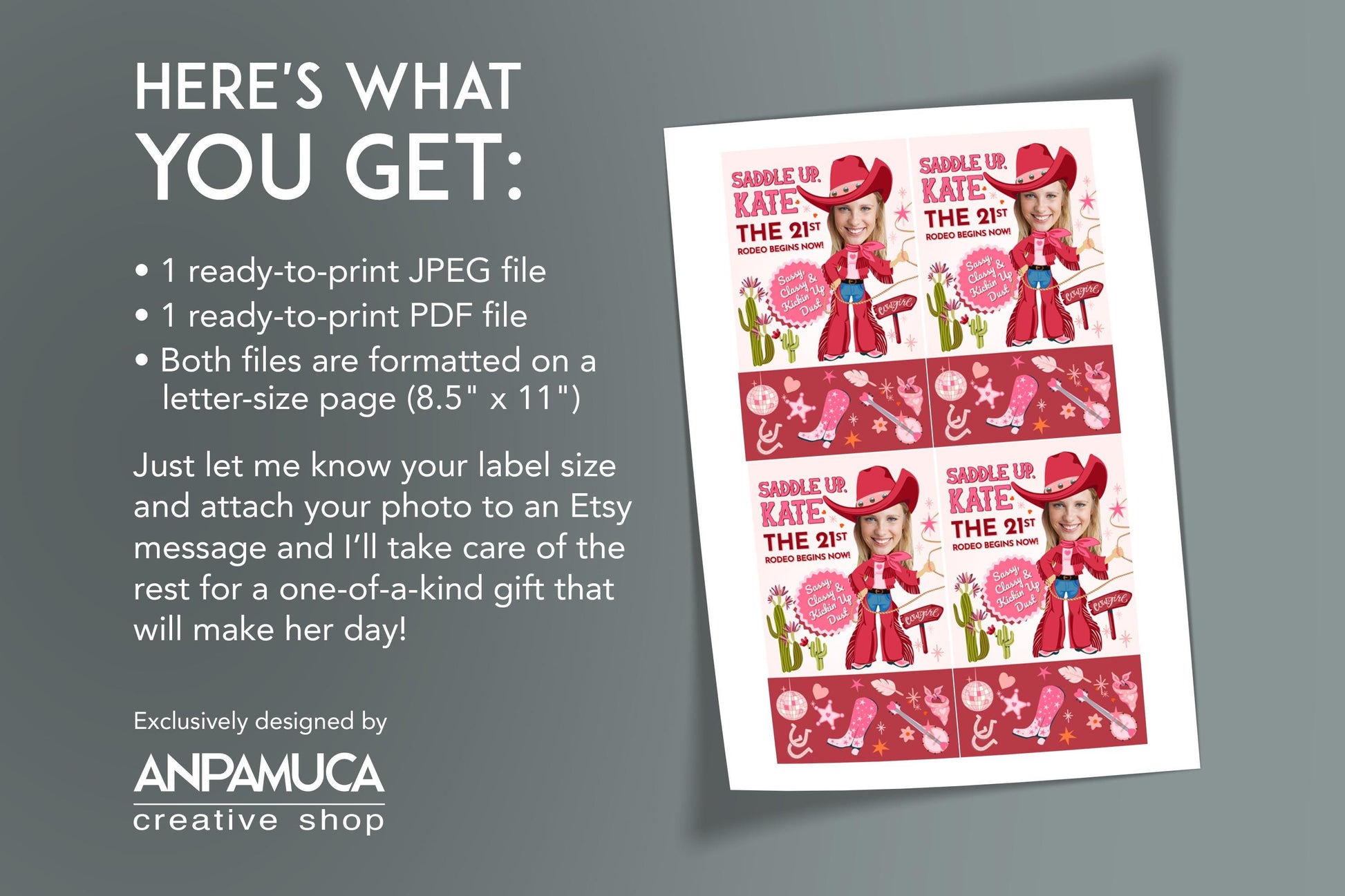 Custom pink cowgirl champagne label for girl birthday, western theme 21st birthday wine label, personalized wine bottle sticker with photo, cowgirl birthday party wine favor, printable milestone birthday label for her, cowgirl wine label for champagne or prosecco.