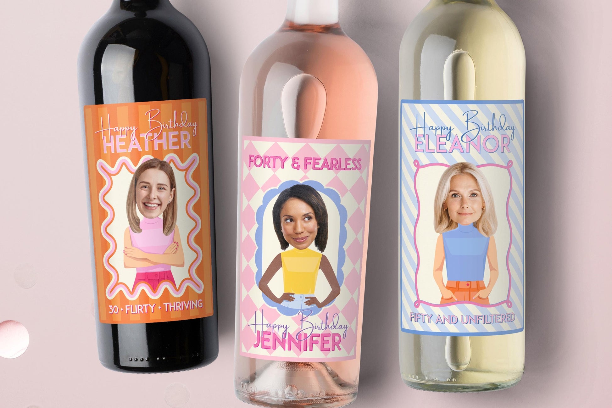 Three wine bottles with personalized labels featuring images of women and text. 30th 30th Birthday Custom Wine Label with Photo 40th champagne gift for women under 20 USD.