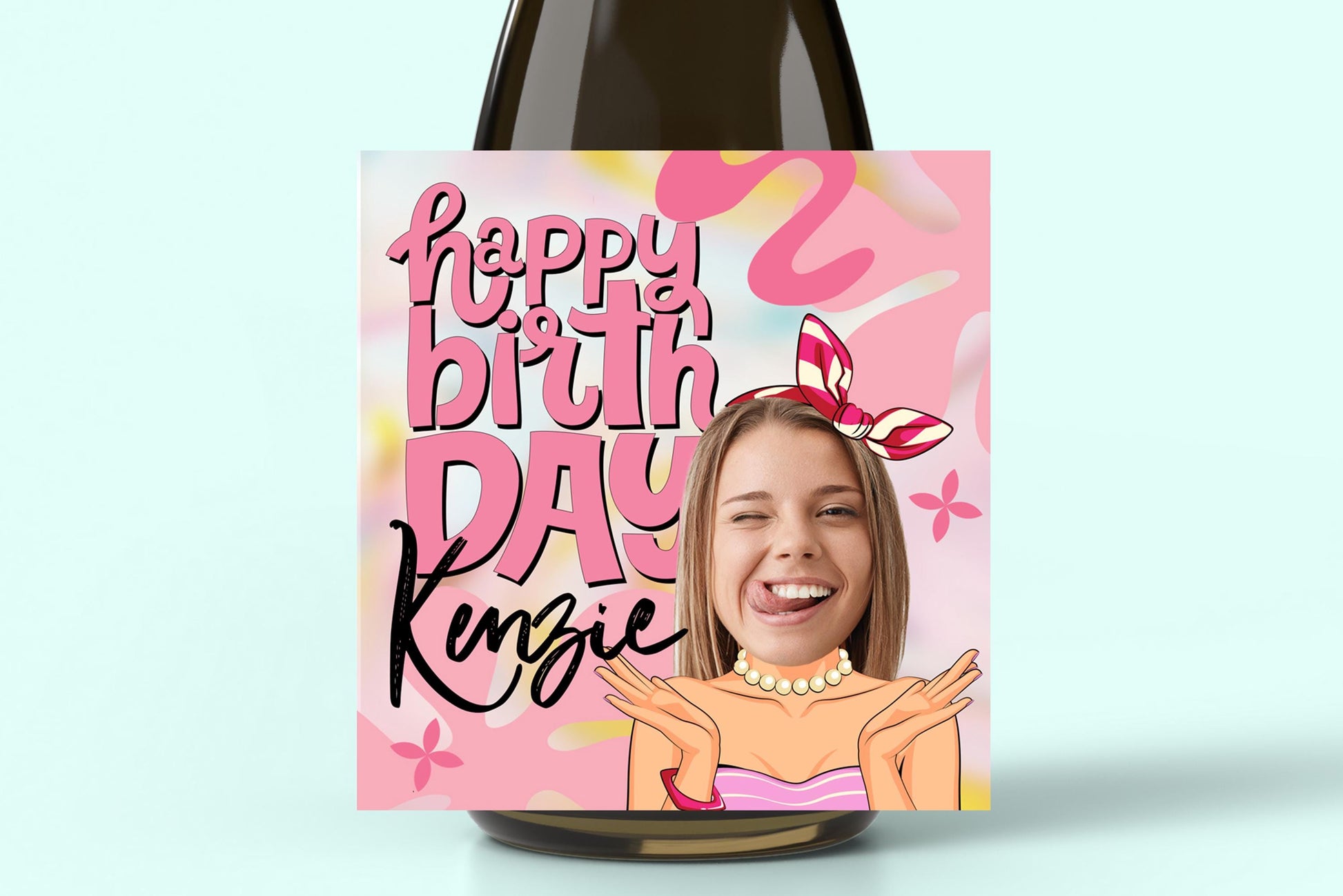 Custom wine label with a personalized birthday card featuring a cartoon girl and 'Happy Birthday gift for bestie