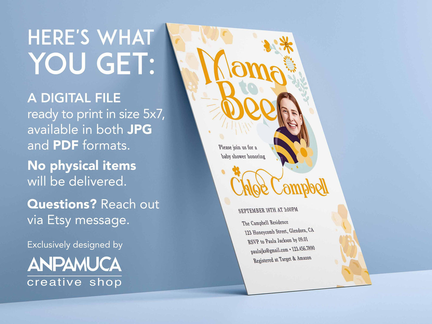 Personalized Bee Baby Shower Invitation: Mama to Bee, Gender Neutral (Digital Download, PDF & JPG