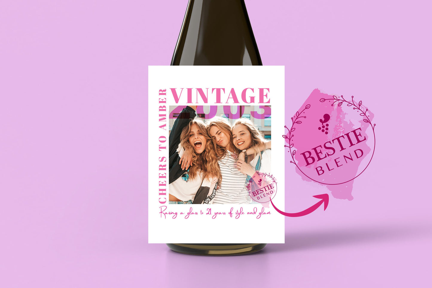 21st birthday wine label for her, custom wine bottle sticker with funny message, perfect gift for best friend, bestie birthday gift idea, turning 21 wine label, editable or ready-to-print wine label, fun and girly wine label for birthday celebration, unique personalized wine gift