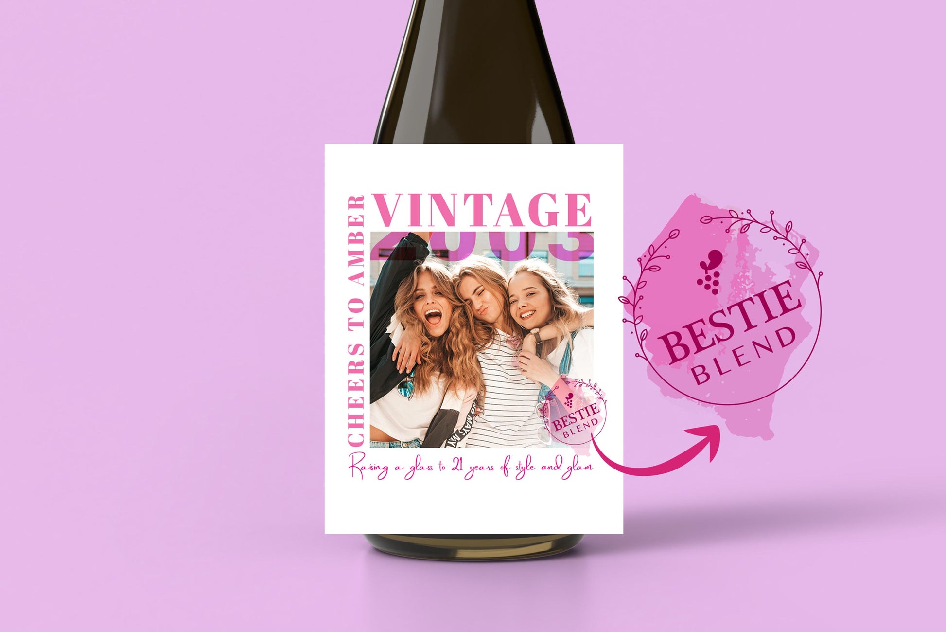 21st birthday wine label for her, custom wine bottle sticker with funny message, perfect gift for best friend, bestie birthday gift idea, turning 21 wine label, editable or ready-to-print wine label, fun and girly wine label for birthday celebration, unique personalized wine gift