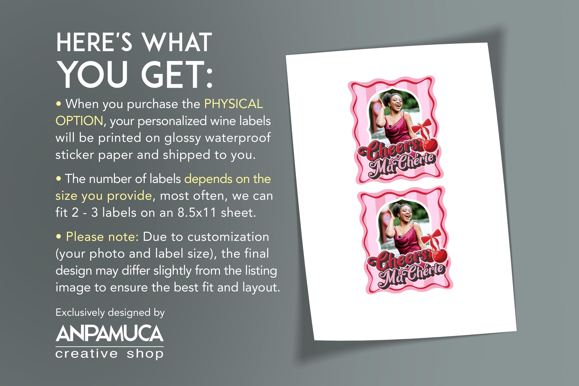Personalized wine label with a photo and text on a gray background, featuring ANPAMUCA branding.