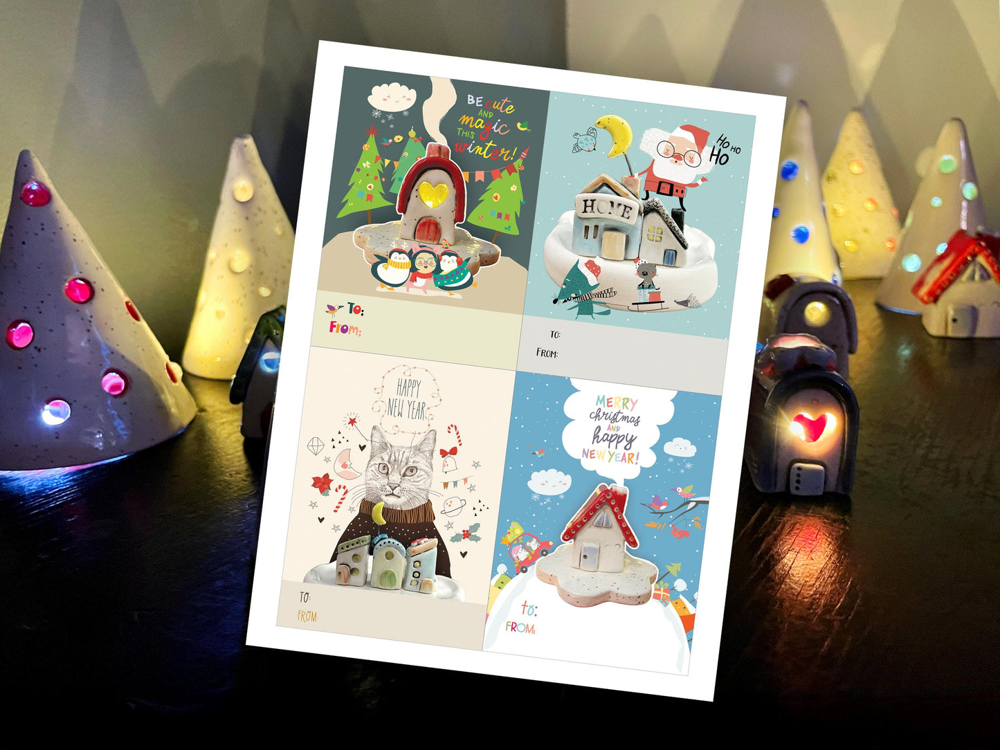 Winter Village Christmas Card Set Holiday Gift Tags To From Instant Download: Personalized Option Also Available