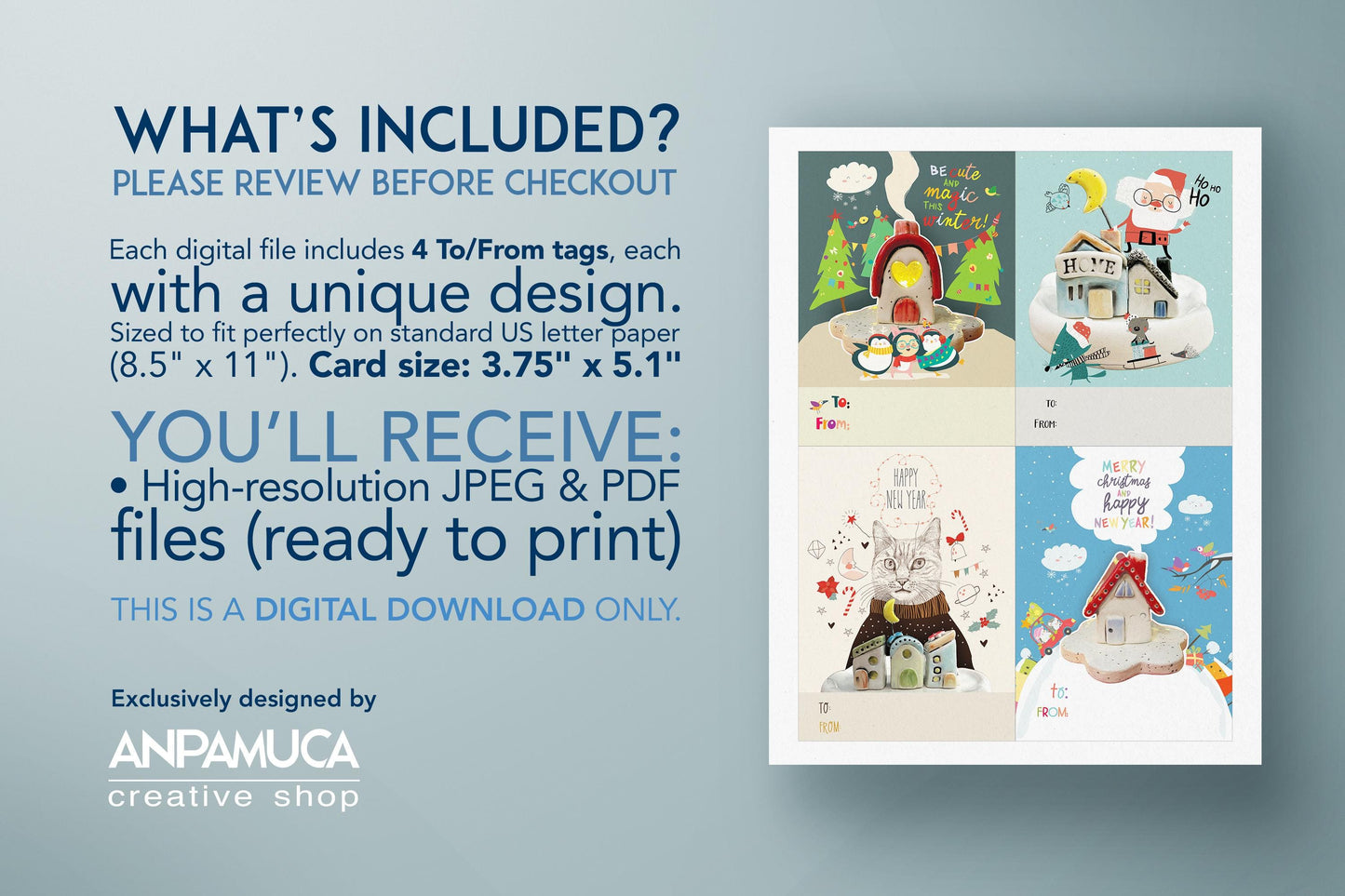 Winter Village Christmas Card Set Holiday Gift Tags To From Instant Download: Personalized Option Also Available