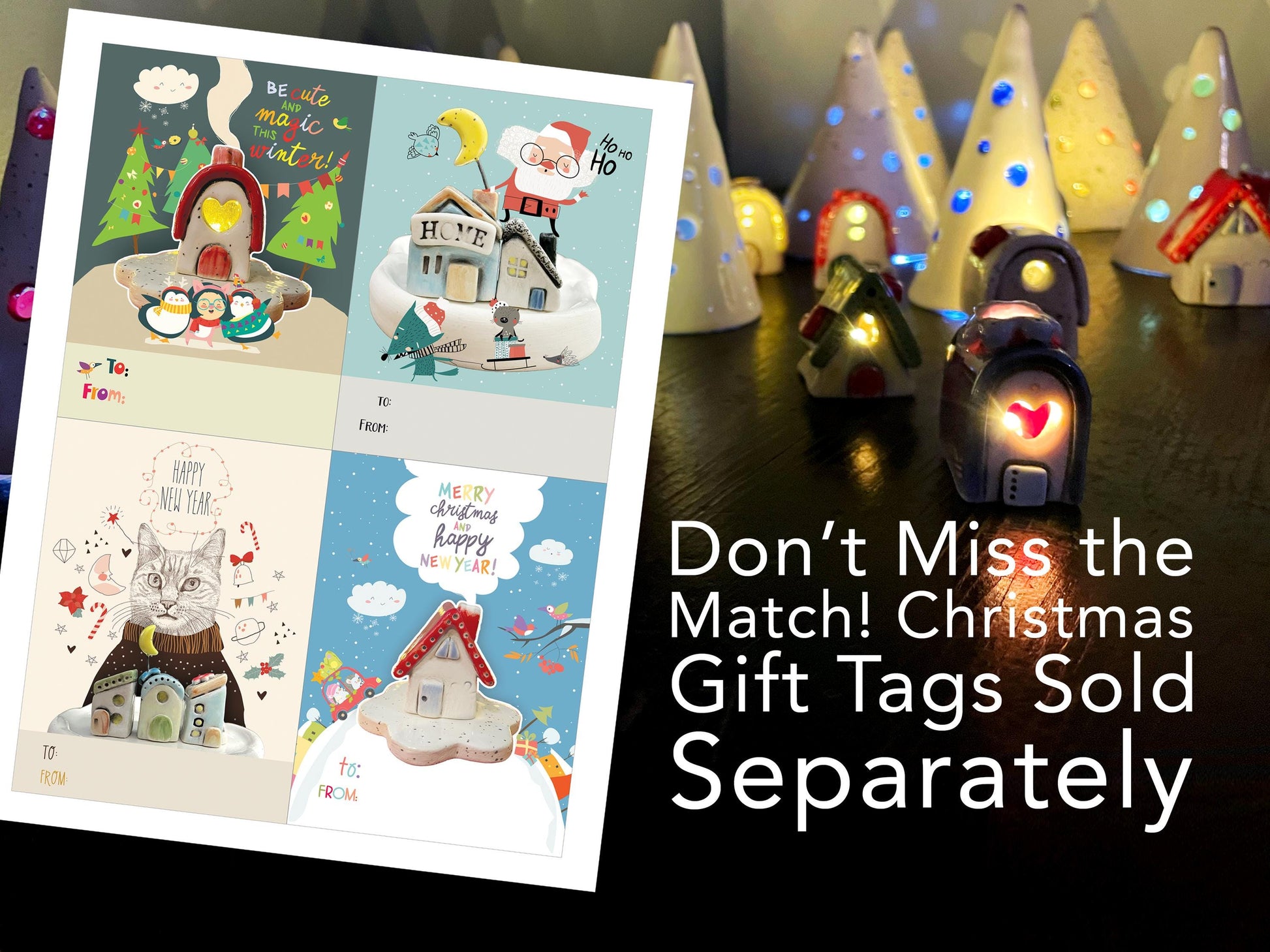 Set of Christmas gift tags with decorative house designs on a table with small light-up houses.