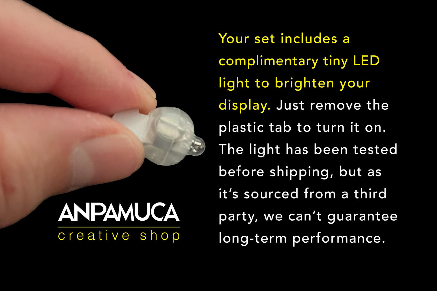 Hand holding a small LED light bulb with text about its use and source, and ANPAMUCA branding.