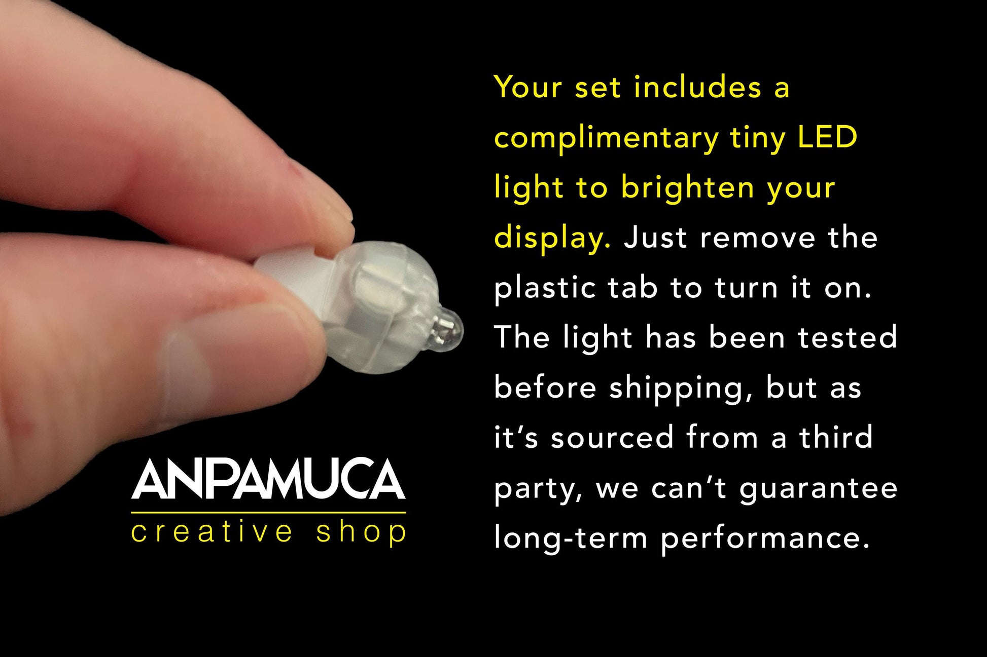 Hand holding a small LED light with text about its use and source, and ANPAMUCA branding.