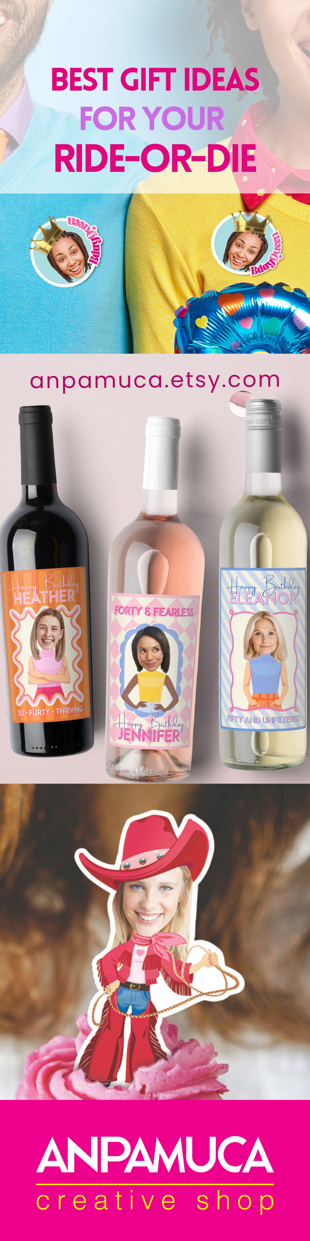 Personalized birthday wine bottle label featuring custom face photo with elegant gold crown
Close-up of custom birthday wine label with gold crown and personalized photo design